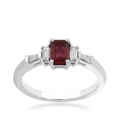 Emerald Cut Ruby & 1/4 ct. tw. Baguette Diamond Ring in 14K White Gold
