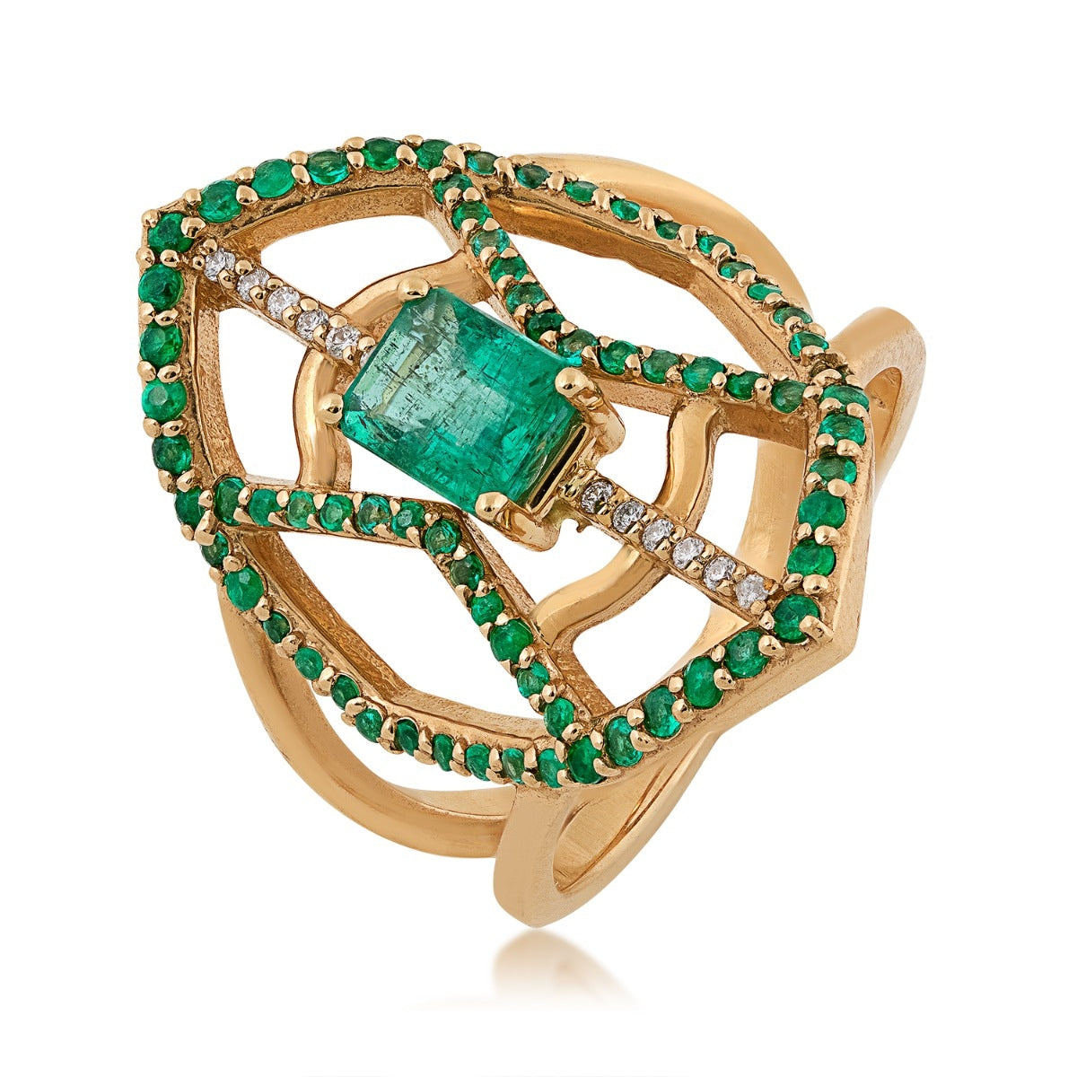 Emerald Cut Emerald & Diamond Accent Split Shank Fashion Ring in 14K Yellow Gold front view