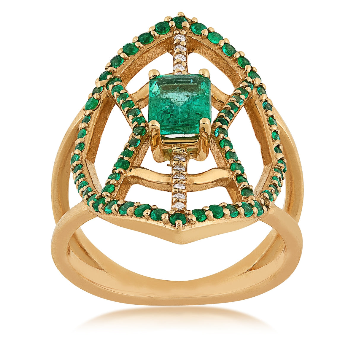 Emerald Cut Emerald & Diamond Accent Split Shank Fashion Ring in 14K Yellow Gold