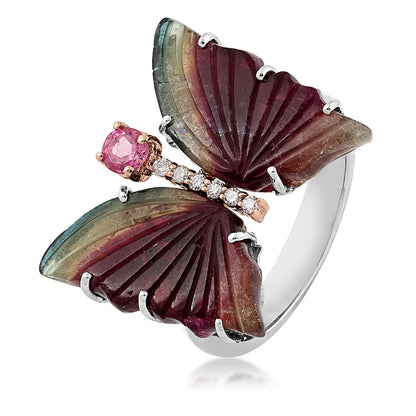 Bi-Color Tourmaline, Pink Tourmaline & 1/6 ct. tw. Diamond Butterfly Ring in 14K White & Yellow Gold front view