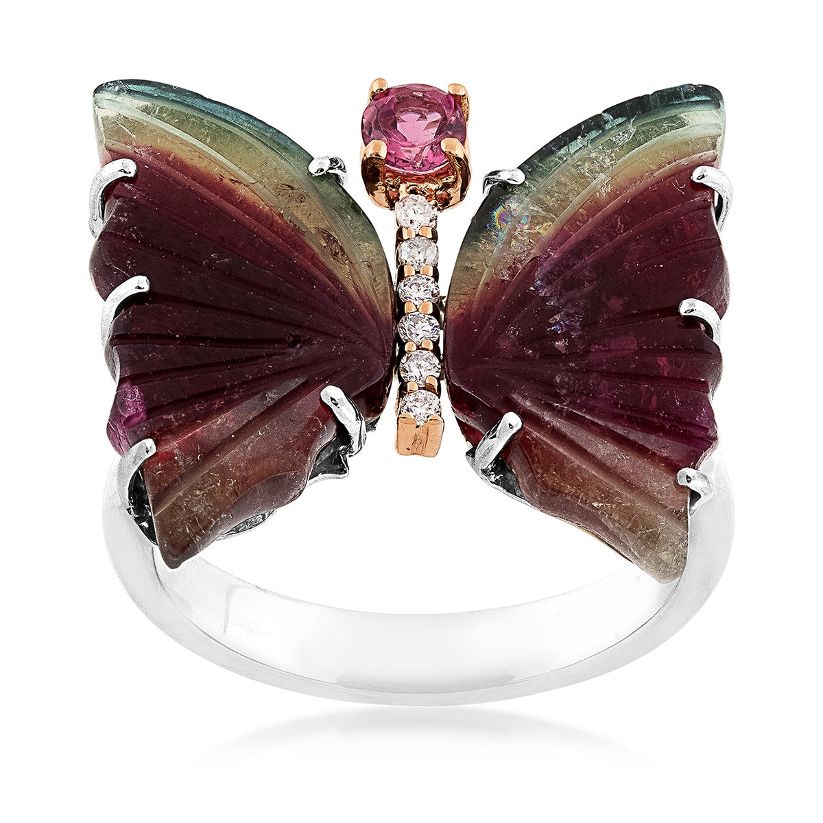 Bi-Color Tourmaline, Pink Tourmaline & 1/6 ct. tw. Diamond Butterfly Ring in 14K White & Yellow Gold