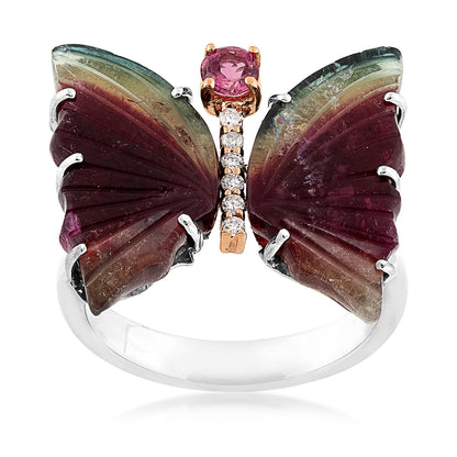 Bi-Color Tourmaline, Pink Tourmaline & 1/6 ct. tw. Diamond Butterfly Ring in 14K White & Yellow Gold