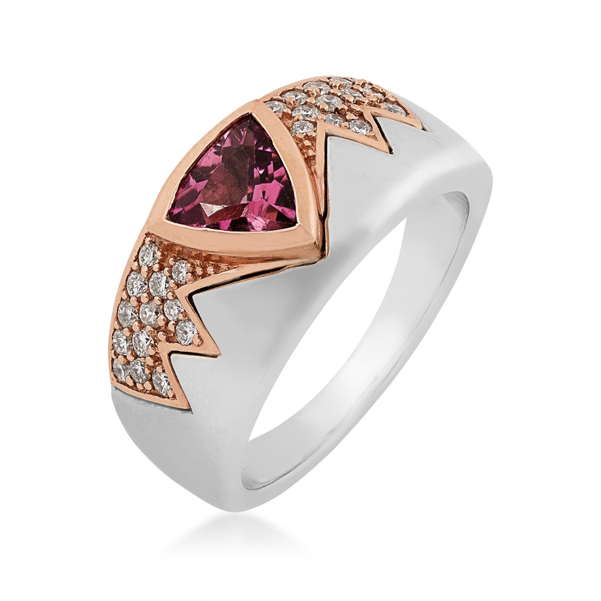 Men's Bezel Set Trillion Pink Tourmaline & 3/8 ct. tw. Diamond Ring in 14K White & Pink Gold front view