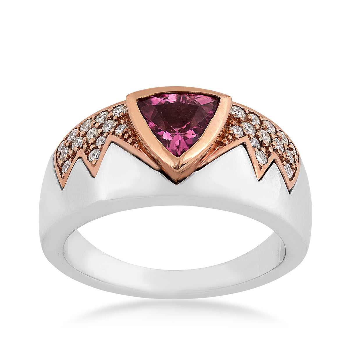 Men's Bezel Set Trillion Pink Tourmaline & 3/8 ct. tw. Diamond Ring in 14K White & Pink Gold