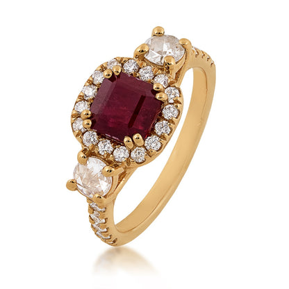 Square Ruby & 1/4 ct. tw. Diamond Halo Ring in 14K Yellow Gold front view