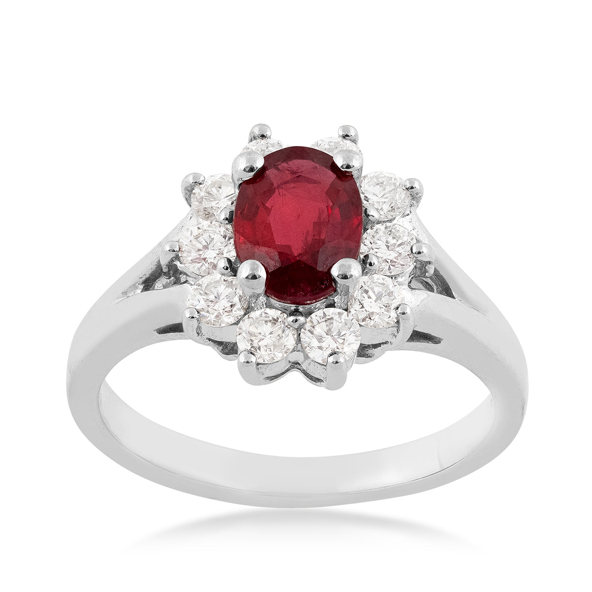 Oval Ruby & 1/2 ct. tw. Diamond Halo Split Shank Ring in 14K White Gold