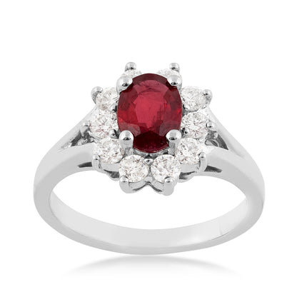 Oval Ruby & 1/2 ct. tw. Diamond Halo Split Shank Ring in 14K White Gold