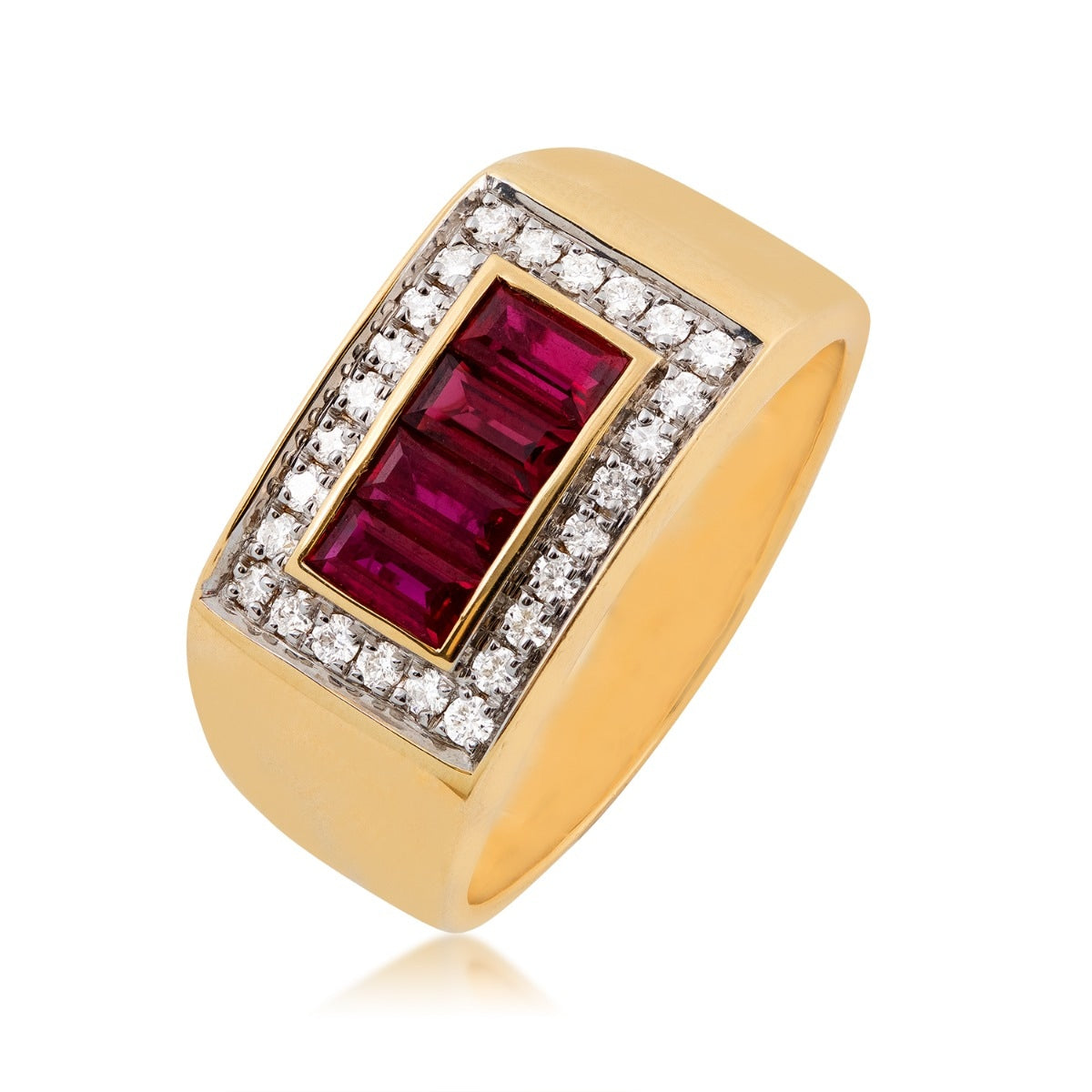 Men's Baguette Ruby & 1/3 ct. tw. Diamond Ring in 14K Yellow Gold front view