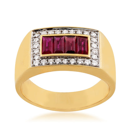 Men's Baguette Ruby & 1/3 ct. tw. Diamond Ring in 14K Yellow Gold