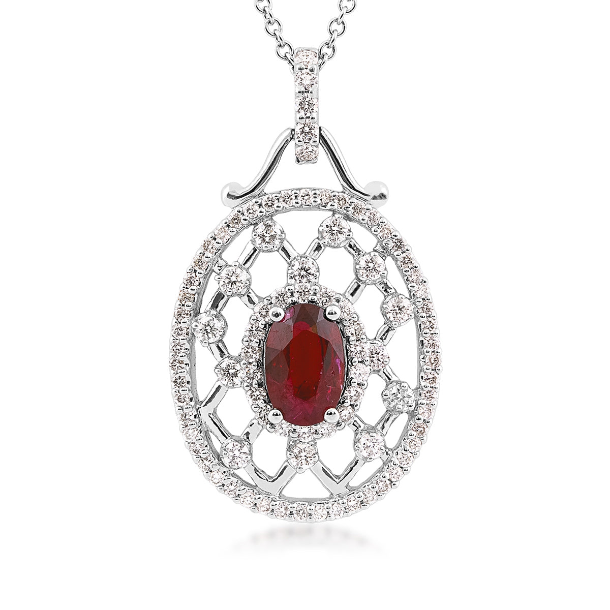 Oval Ruby & 7/8 ct. tw. Diamond Lattice Pendant in 18K White Gold