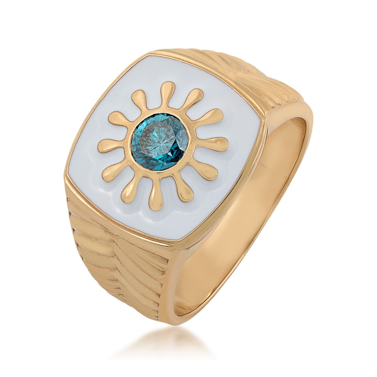 Men's 7/8 ct. tw. Round Treated Blue Diamond & White Enamel Ring in 14K Yellow Gold front view