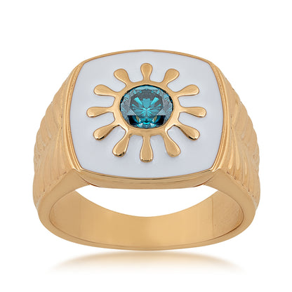 Men's 7/8 ct. tw. Round Treated Blue Diamond & White Enamel Ring in 14K Yellow Gold