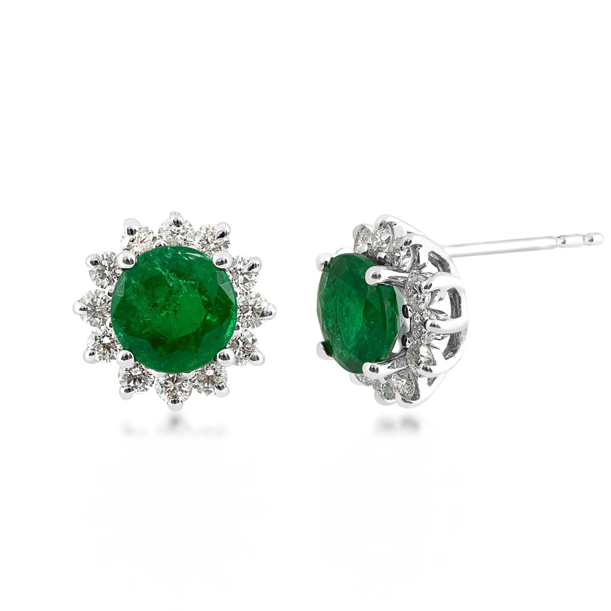 Round Emerald & 7/8 ct. tw. Diamond Halo Earrings in 14K White Gold