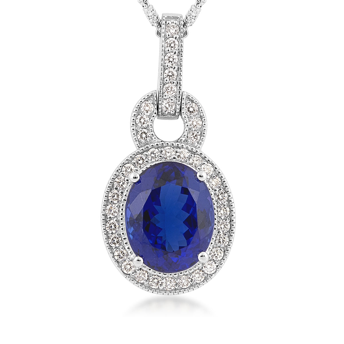 Oval Tanzanite & 7/8 ct. tw. Diamond Halo Pendant with Milgrain Detailing in 18K White Gold