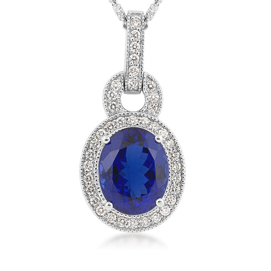 Oval Tanzanite & 7/8 ct. tw. Diamond Halo Pendant with Milgrain Detailing in 18K White Gold