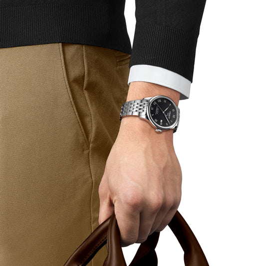 Tissot Men's Le Locle Powermatic 80 Stainless Steel Watch with Black Dial front view