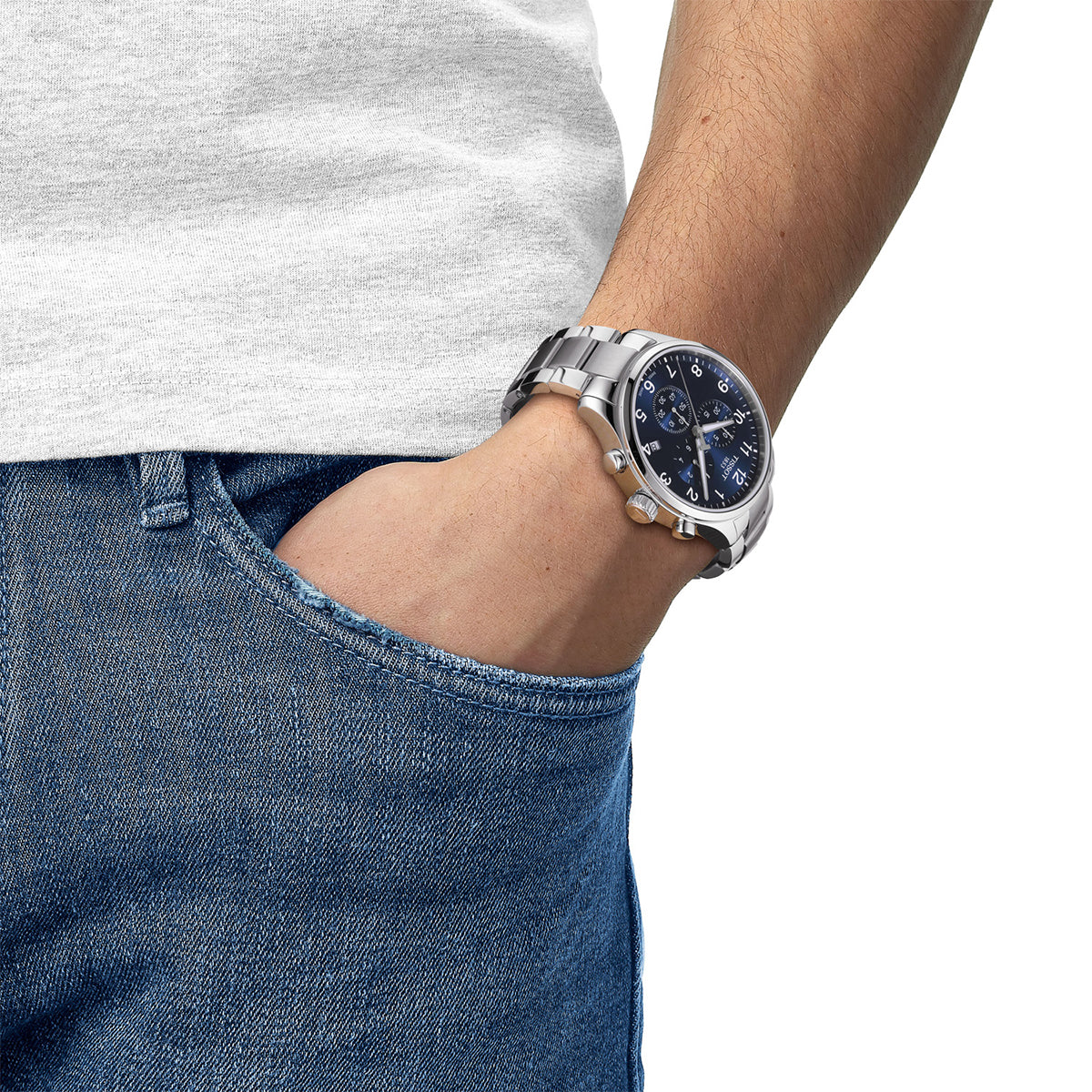 stainless steel men's Tissot XL Classic quartz watch with blue dial