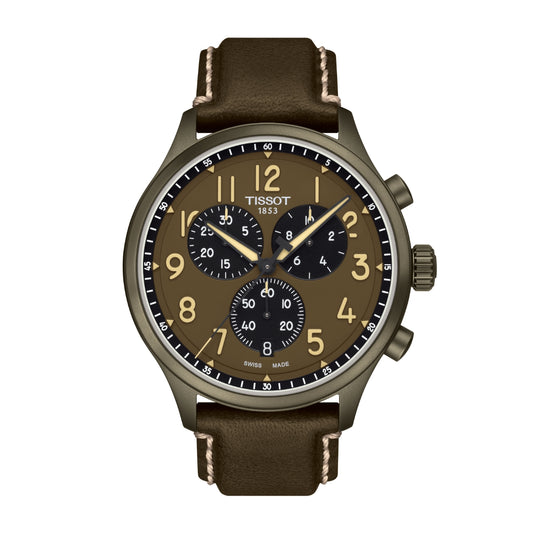 Tissot Men's Chrono XL Khaki Stainless Steel Watch with Brown Dial & Brown Leather Strap
