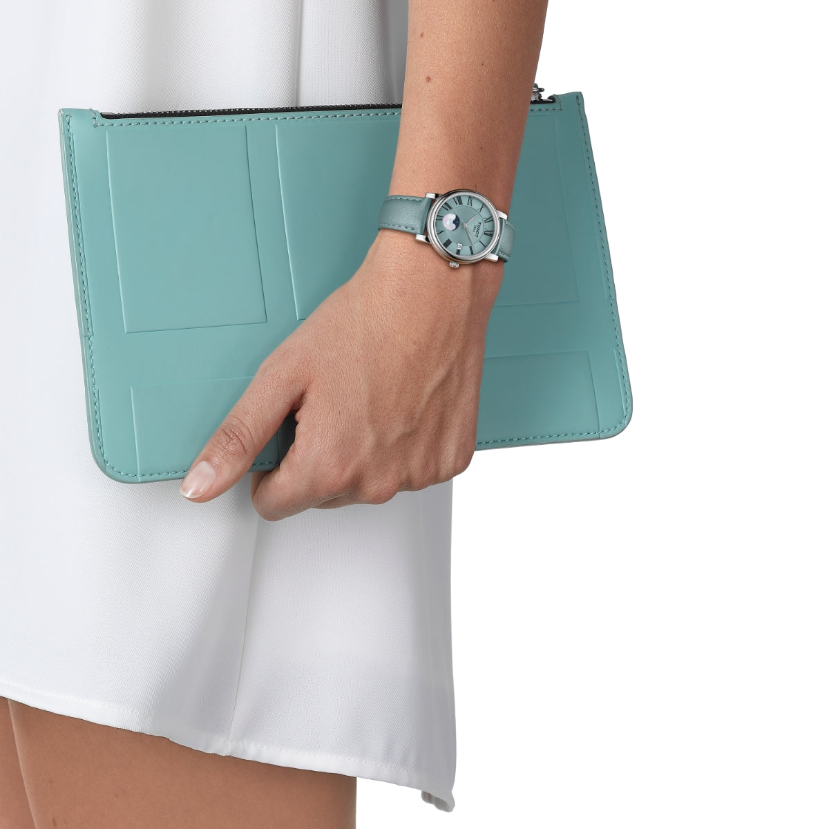 Tissot Ladies' Carson Moonphase Stainless Steel Watch with Teal Dial & Teal Leather Strap front view