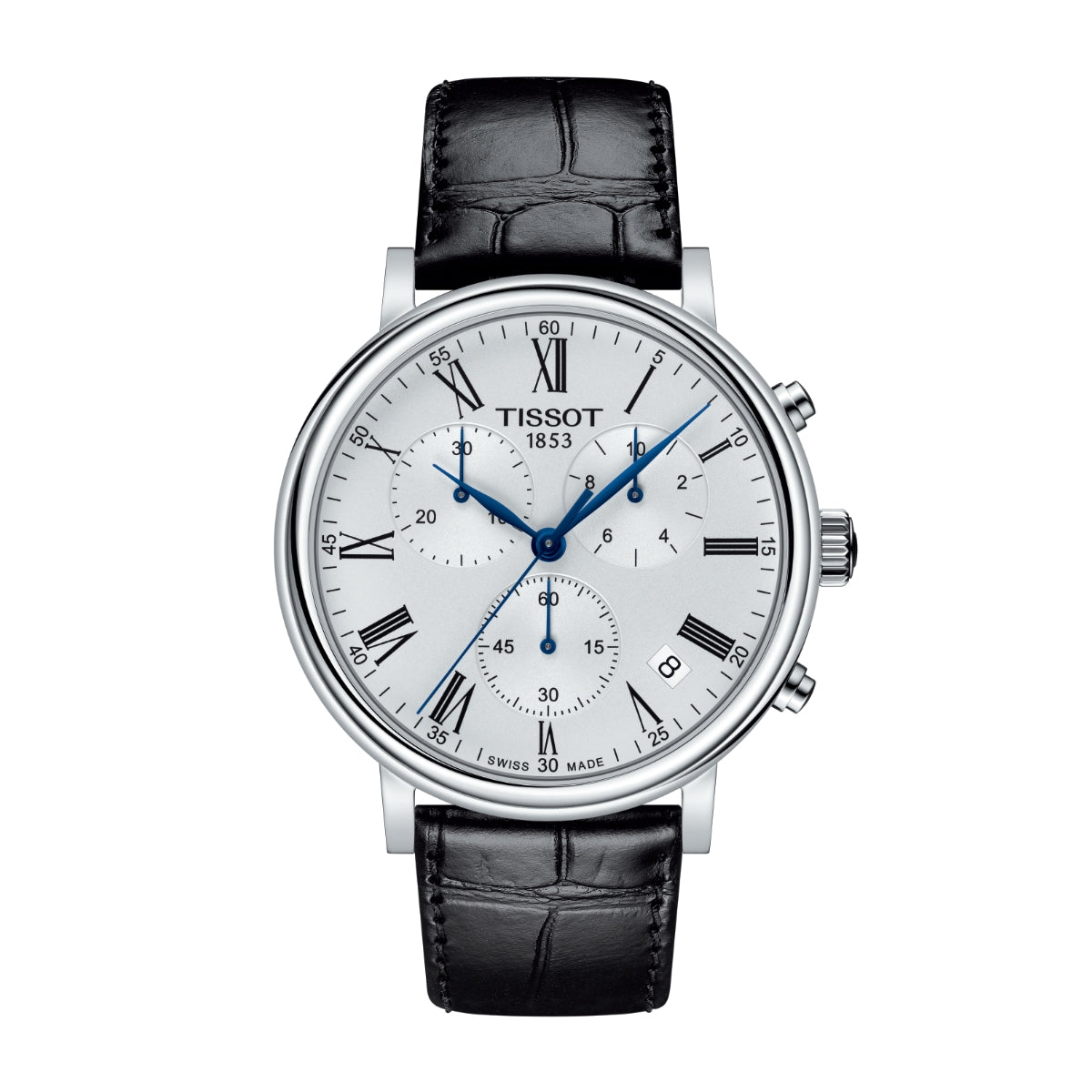 Tissot Men's Carson Stainless Steel Watch with Silver Dial & Black Leather Strap