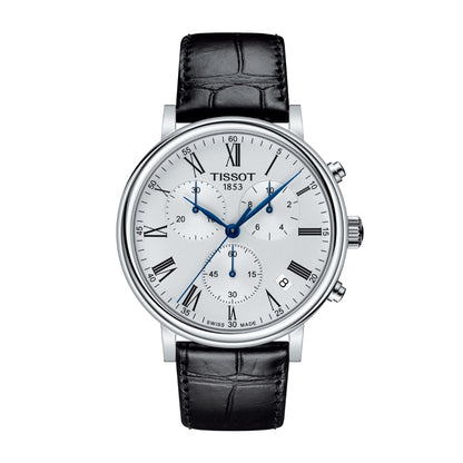 Tissot Men's Carson Stainless Steel Watch with Silver Dial & Black Leather Strap