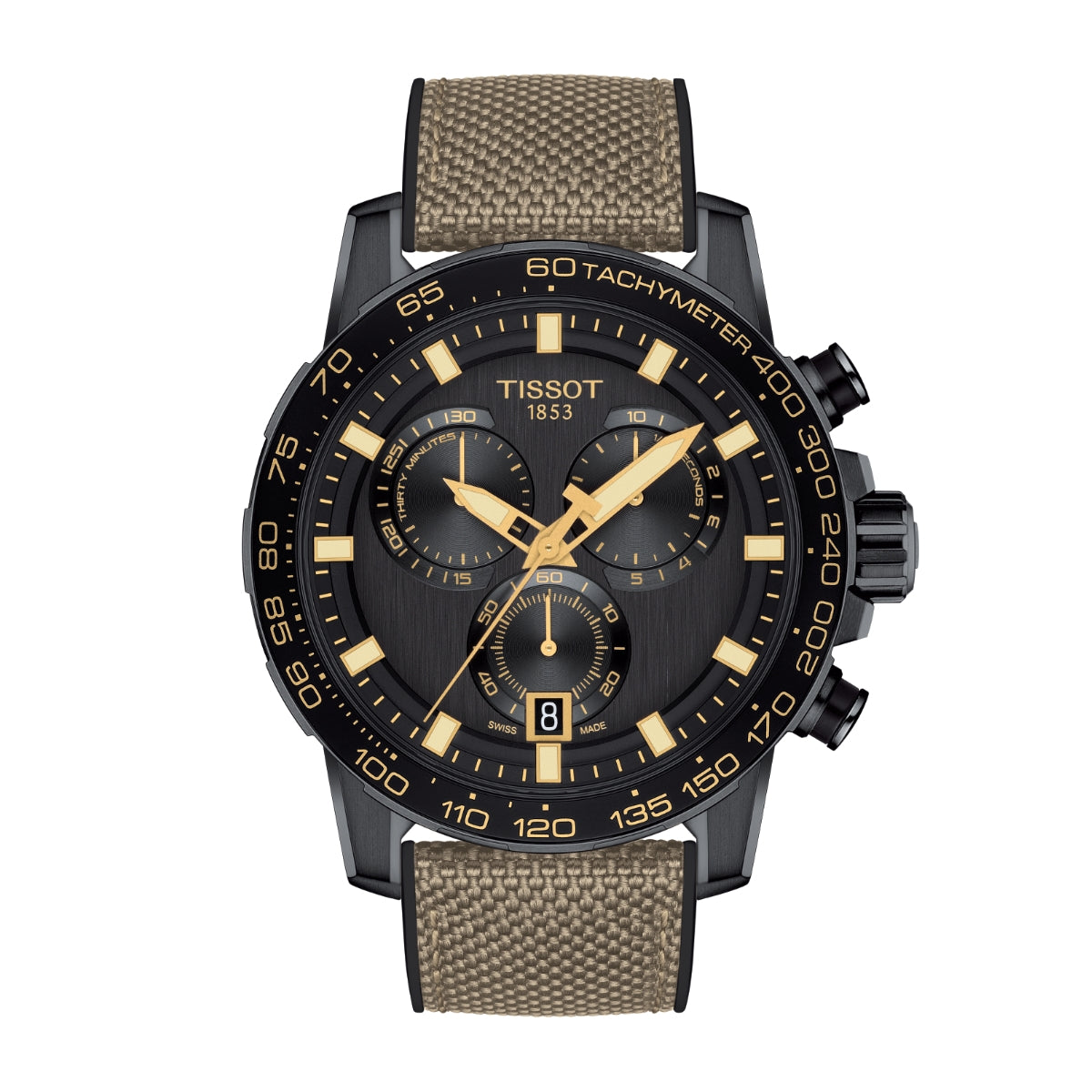 Tissot Men's Supersport Chrono Black Stainless Steel Watch with Brown Fabric & Rubber Strap
