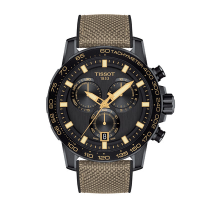 Tissot Men's Supersport Chrono Black Stainless Steel Watch with Brown Fabric & Rubber Strap