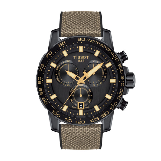 Tissot Men's Supersport Chrono Black Stainless Steel Watch with Brown Fabric & Rubber Strap