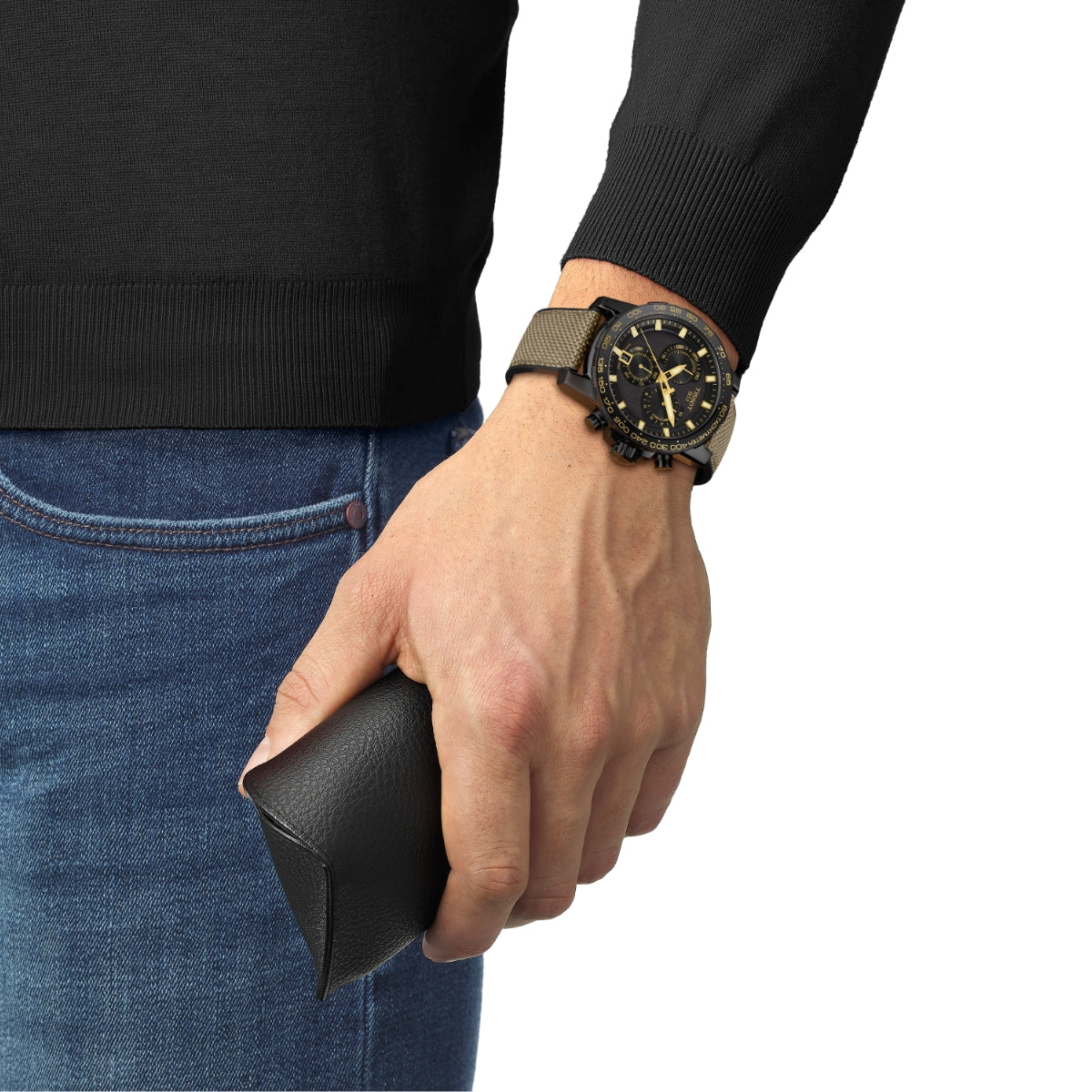 Tissot Men's Supersport Chrono Black Stainless Steel Watch with Brown Fabric & Rubber Strap front view
