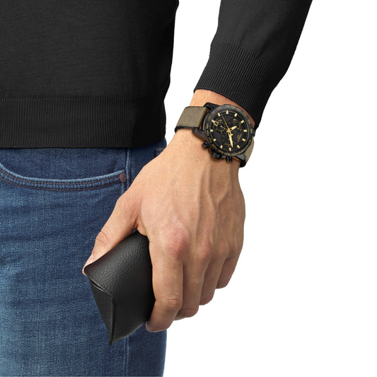 Tissot Men's Supersport Chrono Black Stainless Steel Watch with Brown Fabric & Rubber Strap front view
