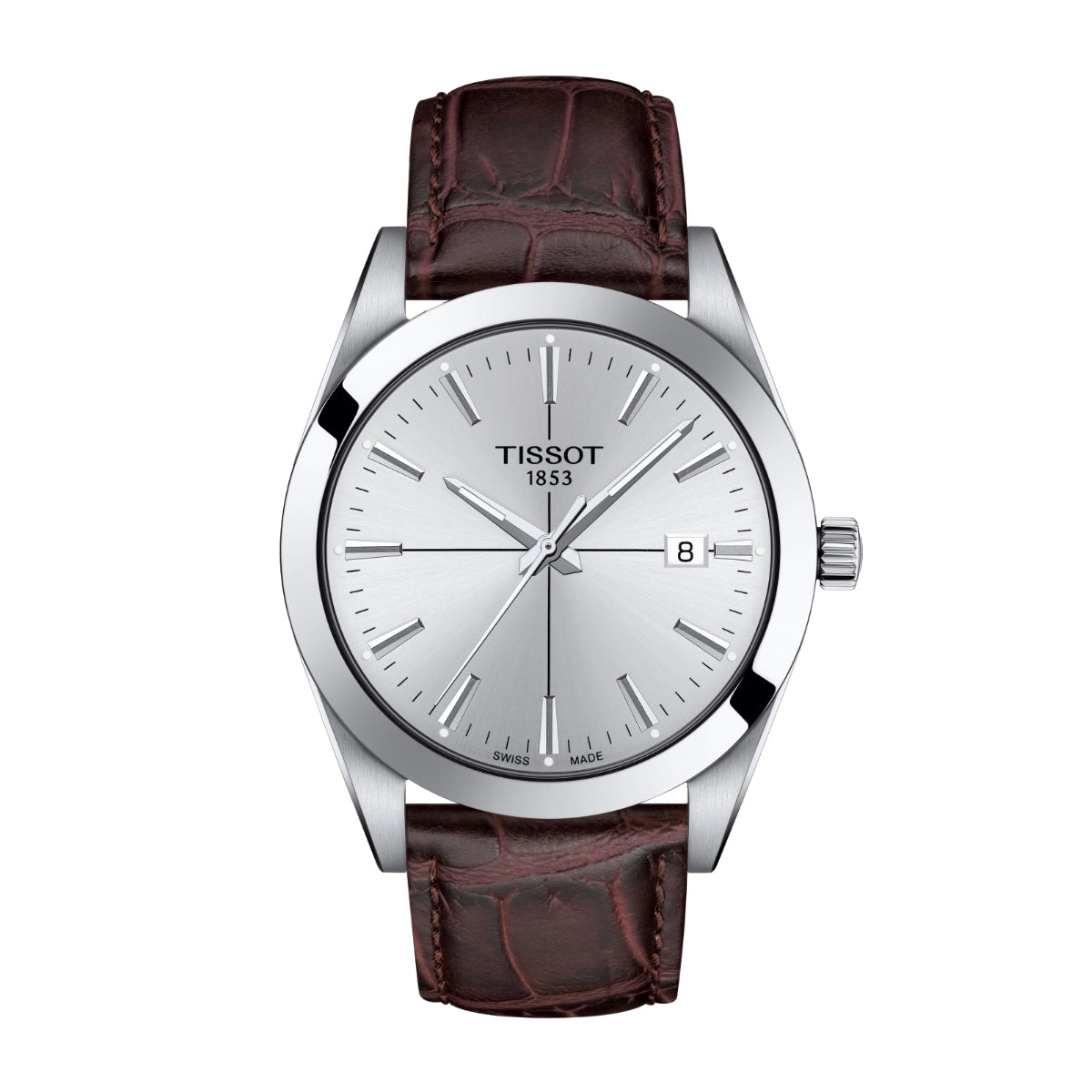 Tissot Men's Gentleman Stainless Steel Watch with Silver Dial & Brown Leather Strap