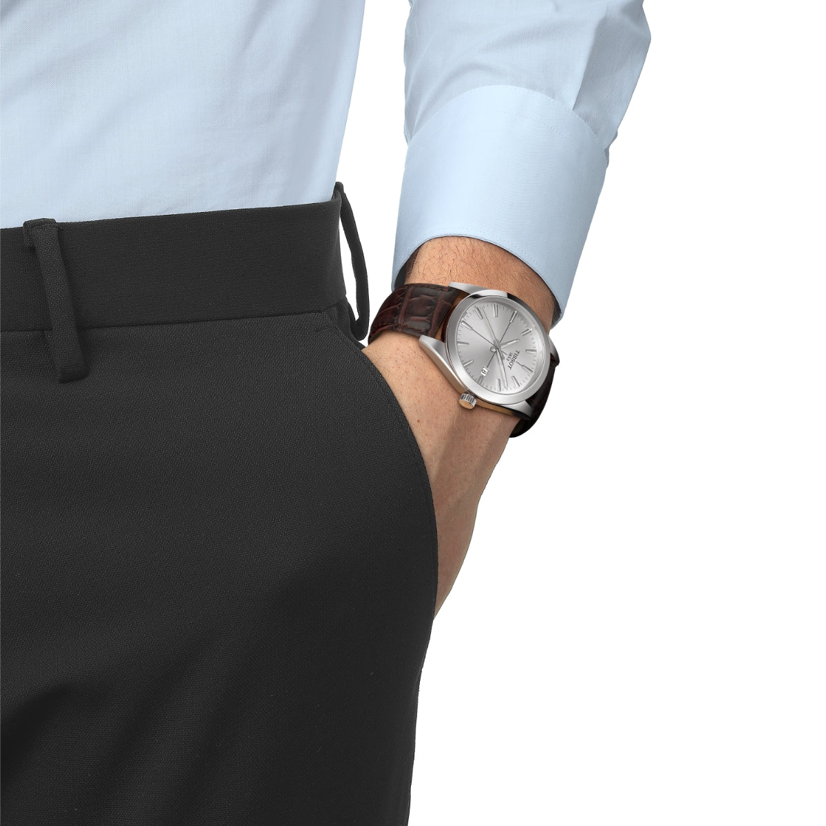 Tissot Men's Gentleman Stainless Steel Watch with Silver Dial & Brown Leather Strap close-up detail