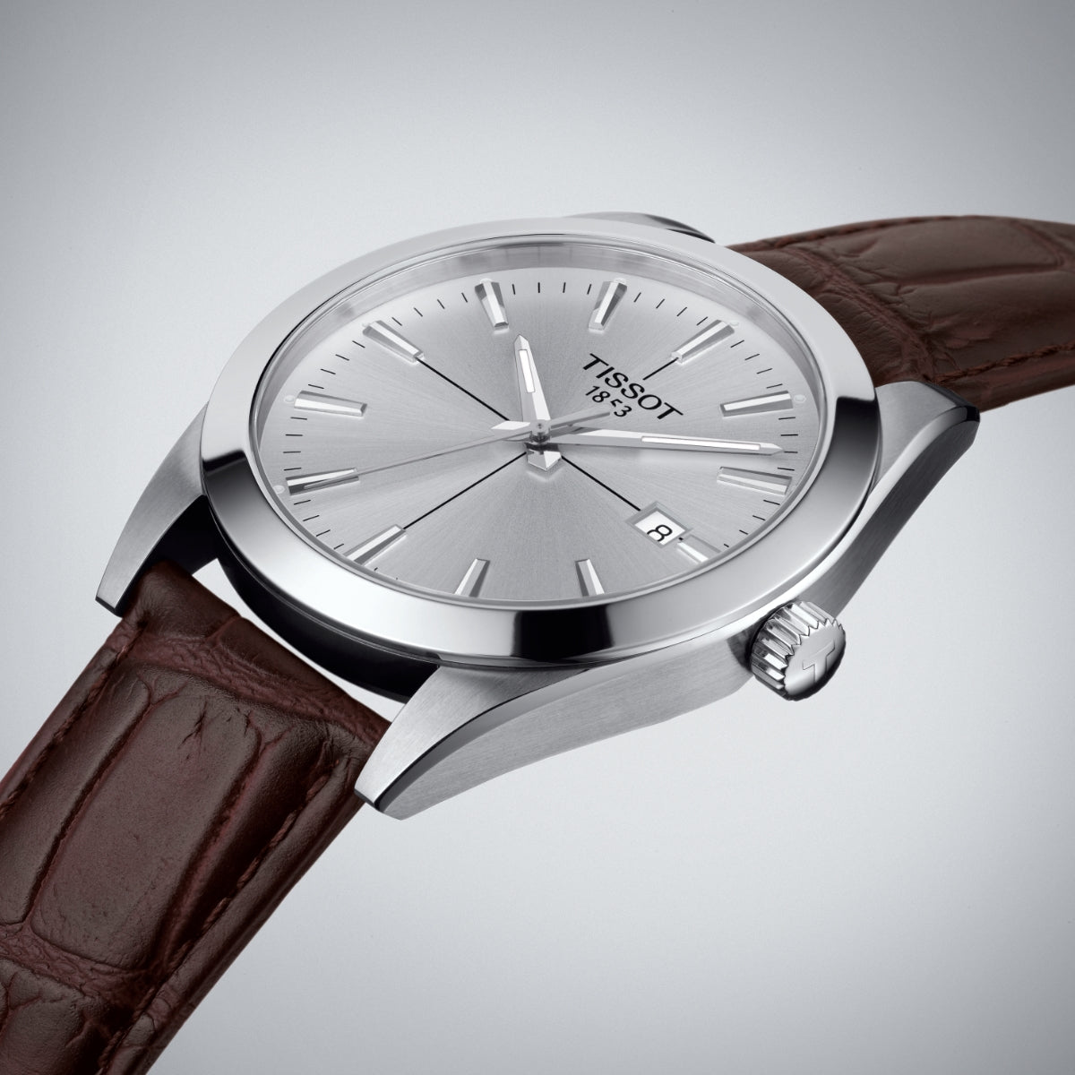 Tissot Men's Gentleman Stainless Steel Watch with Silver Dial & Brown Leather Strap front view