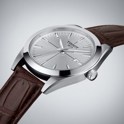 Tissot Men's Gentleman Stainless Steel Watch with Silver Dial & Brown Leather Strap front view