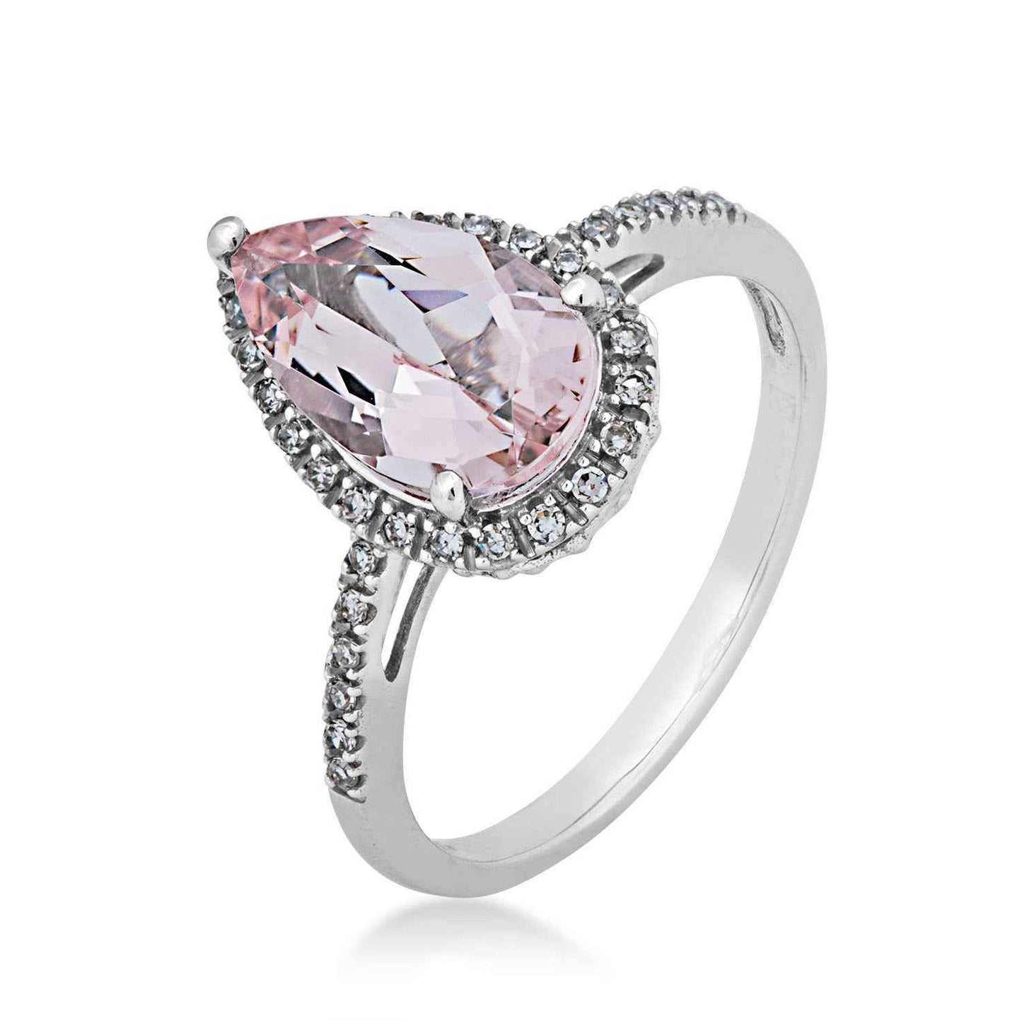 Impulse Collection Genuine Pear Shaped Pink Morganite & 1/7 ct. tw. Diamond Halo Ring in 10K White Gold front view