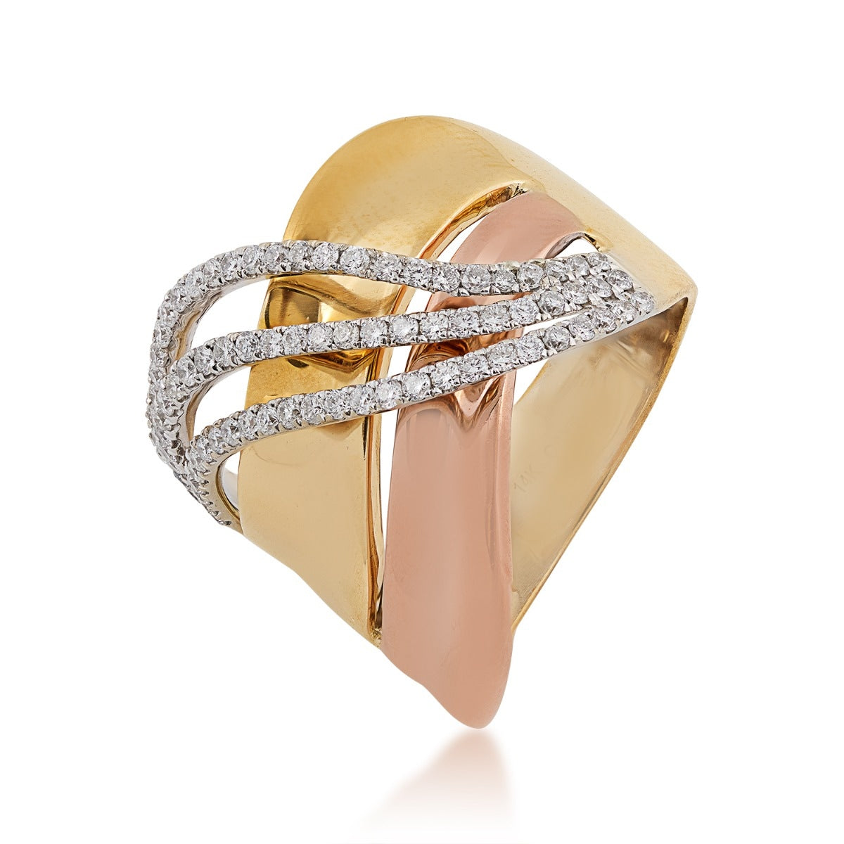 1/2 ct. tw. Diamond Wide Band Crossover Ring in 14K Tri-Tone Gold front view