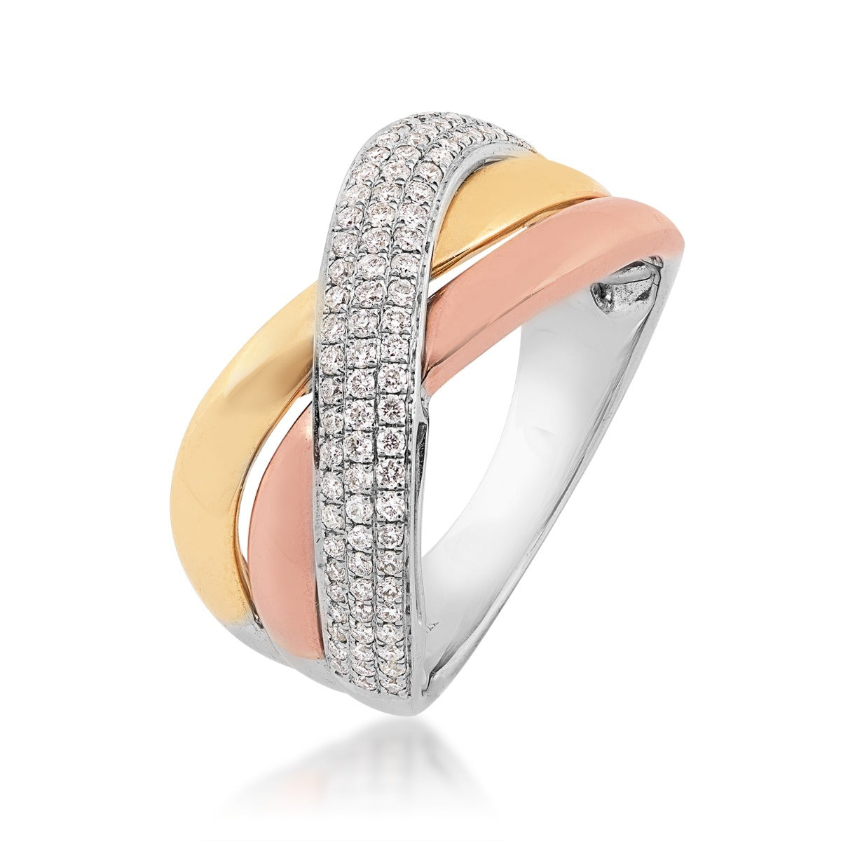 3/8 ct. tw. Diamond Crossover Ring in 14K Tri-Tone Gold front view