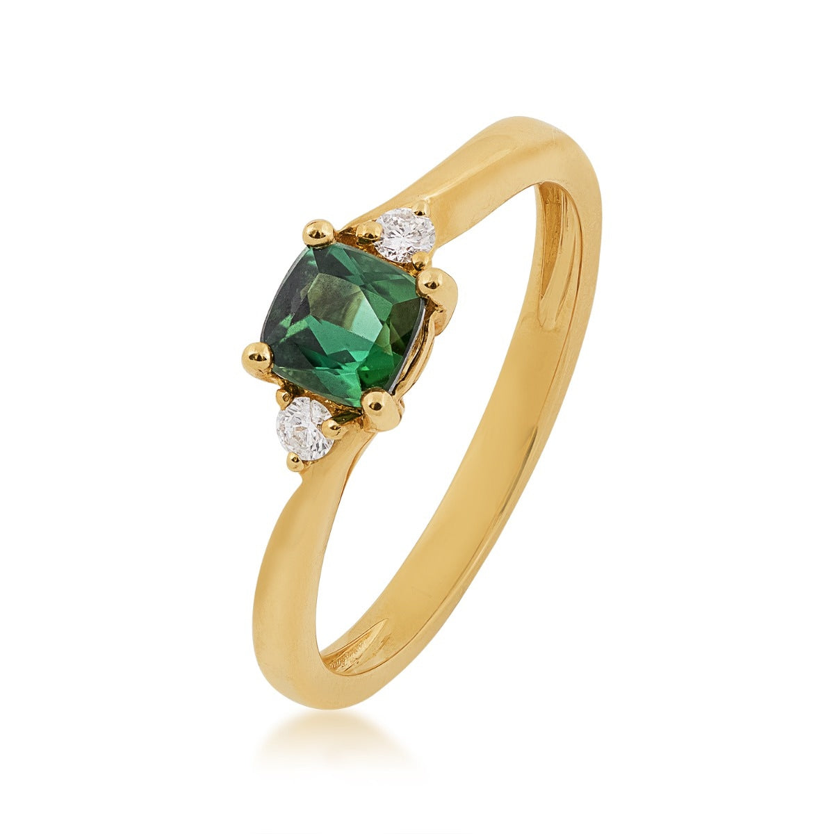 Cushion Green Tourmaline & Diamond Accent Ring in 14K Yellow Gold front view
