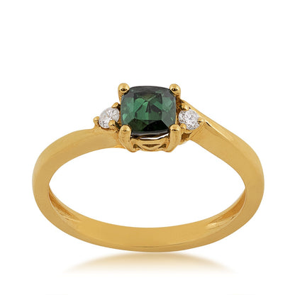 Cushion Green Tourmaline & Diamond Accent Ring in 14K Yellow Gold