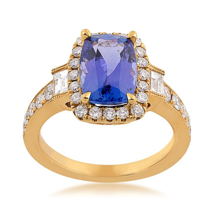 Tanzanite & 1 ct. tw. Diamond Halo Milgrain Ring in 18K Yellow Gold