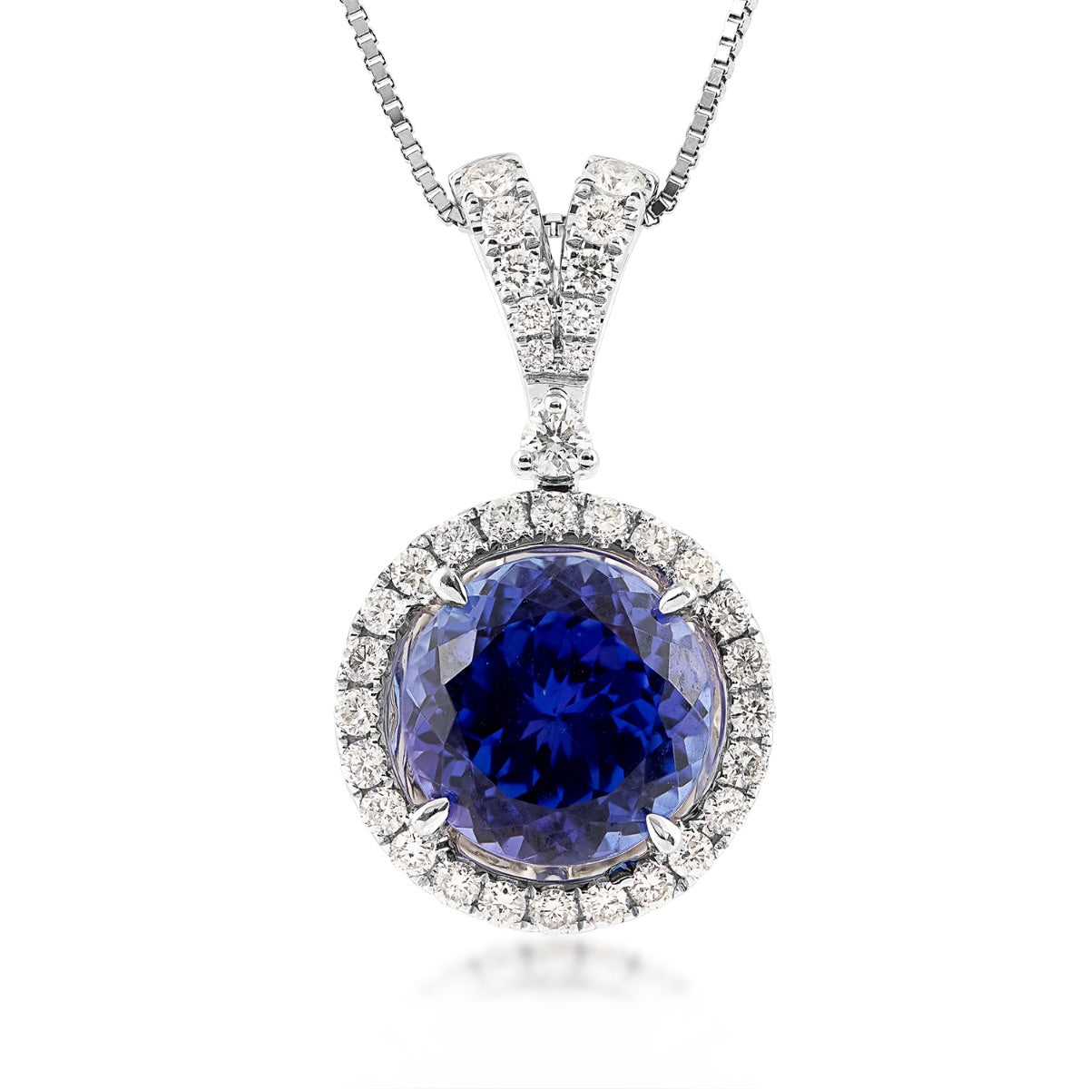 Round Tanzanite & 1/2 ct. tw. Diamond Halo Pendant in 18K White Gold