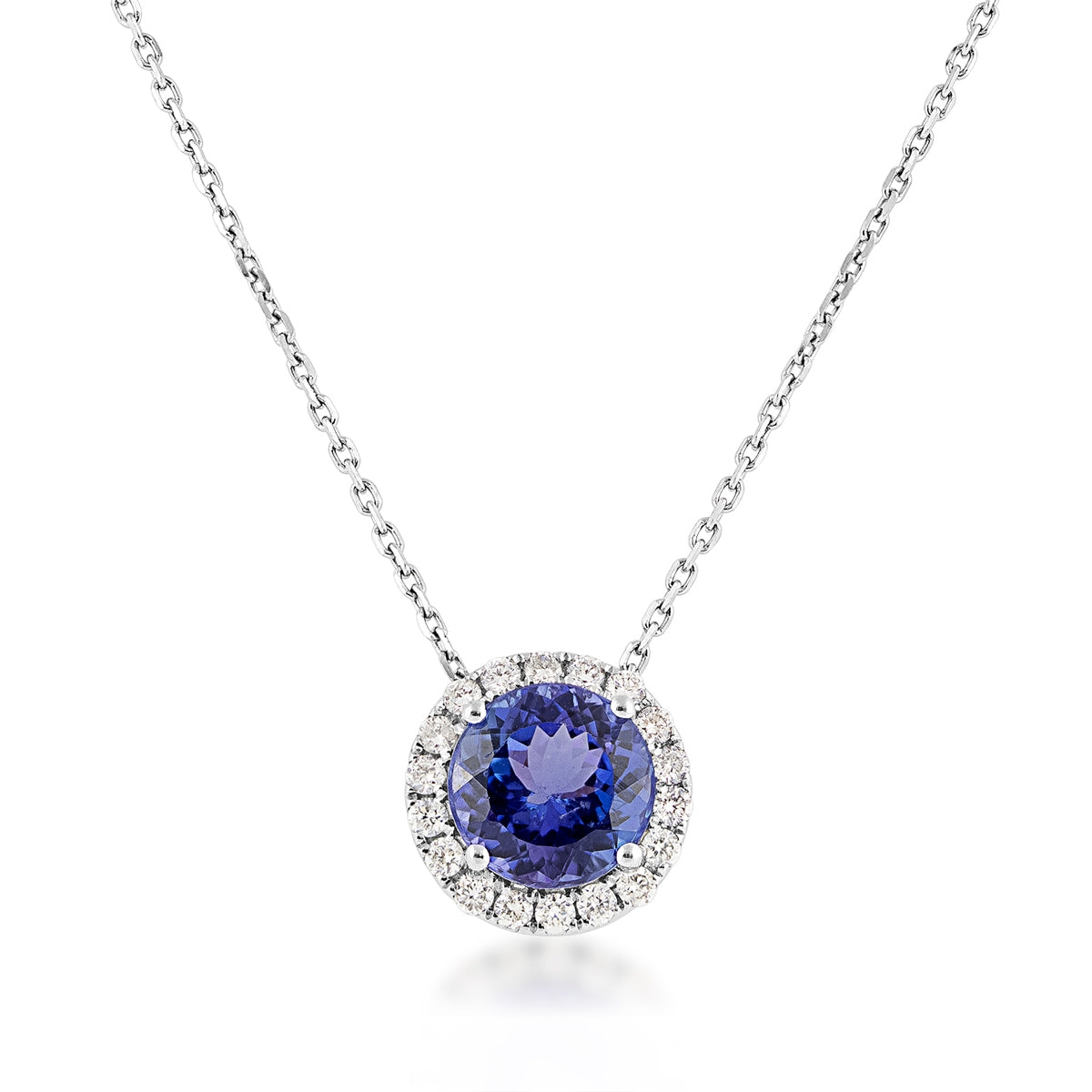 Round Tanzanite & 1/4 ct. tw. Diamond Halo Pendant in 18K White Gold