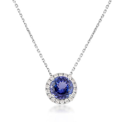 Round Tanzanite & 1/4 ct. tw. Diamond Halo Pendant in 18K White Gold