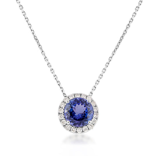Round Tanzanite & 1/4 ct. tw. Diamond Halo Pendant in 18K White Gold