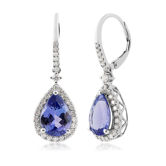 Pear Tanzanite & 3/4 ct. tw. Diamond Halo Drop Earrings in 14K White Gold