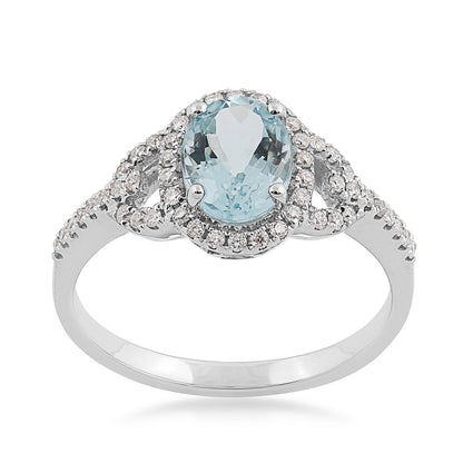 Oval Aquamarine & 1/4 ct. tw. Diamond Halo Ring in 10K White Gold