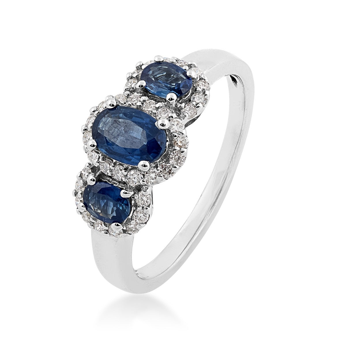 3-Stone Oval Sapphire & 1/4 ct. tw. Diamond Halo Ring in 10K White Gold front view