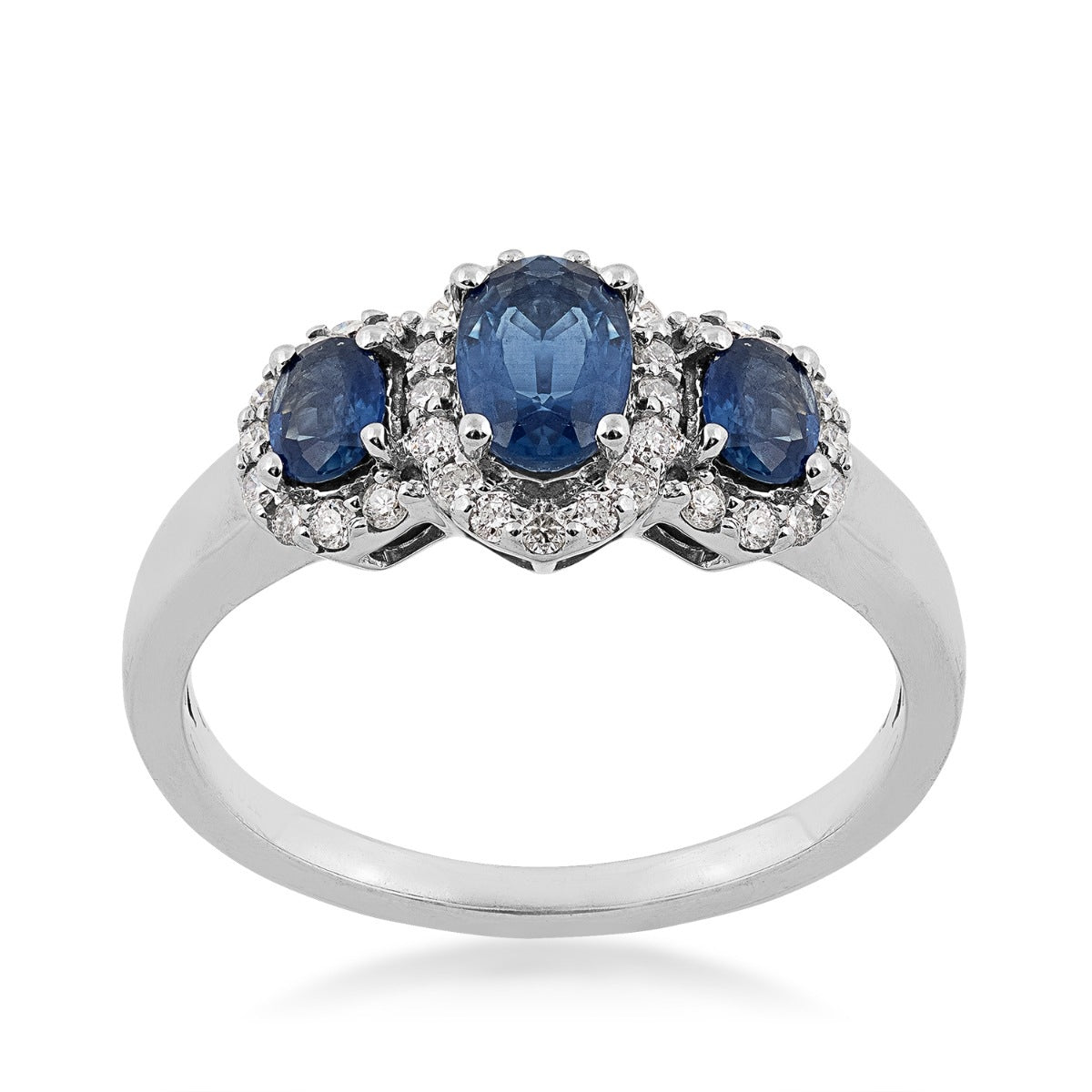 3-Stone Oval Sapphire & 1/4 ct. tw. Diamond Halo Ring in 10K White Gold