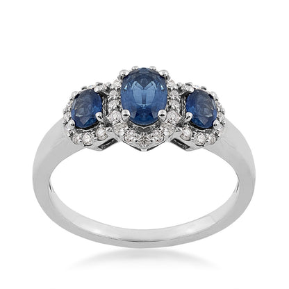 3-Stone Oval Sapphire & 1/4 ct. tw. Diamond Halo Ring in 10K White Gold