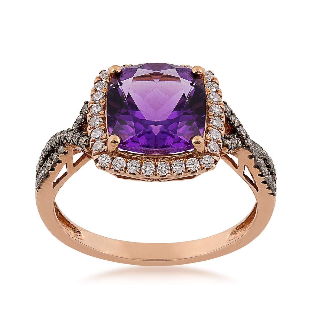 Cushion Amethyst & 1/3 ct. tw. Mocha & White Diamond Halo Twist Ring in 10K Pink Gold